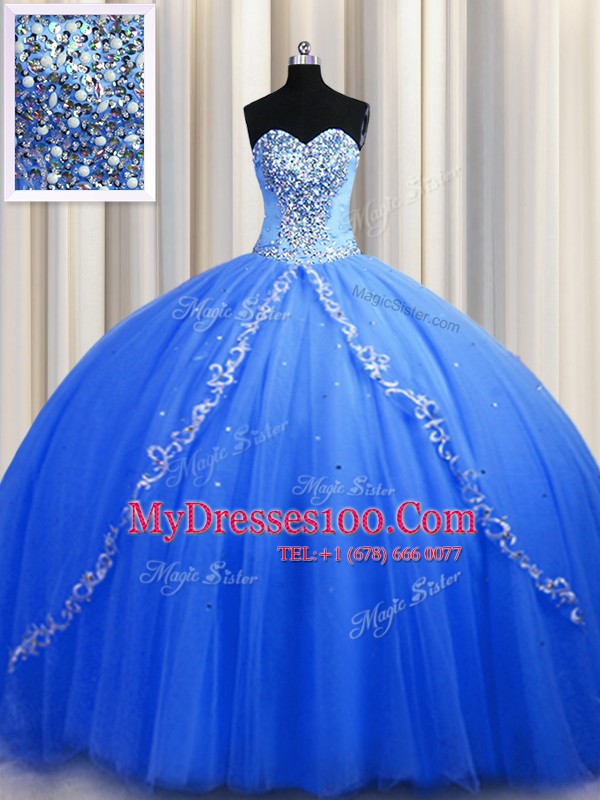 Blue Sleeveless Tulle Brush Train Lace Up Vestidos de Quinceanera for Military Ball and Sweet 16 and Quinceanera