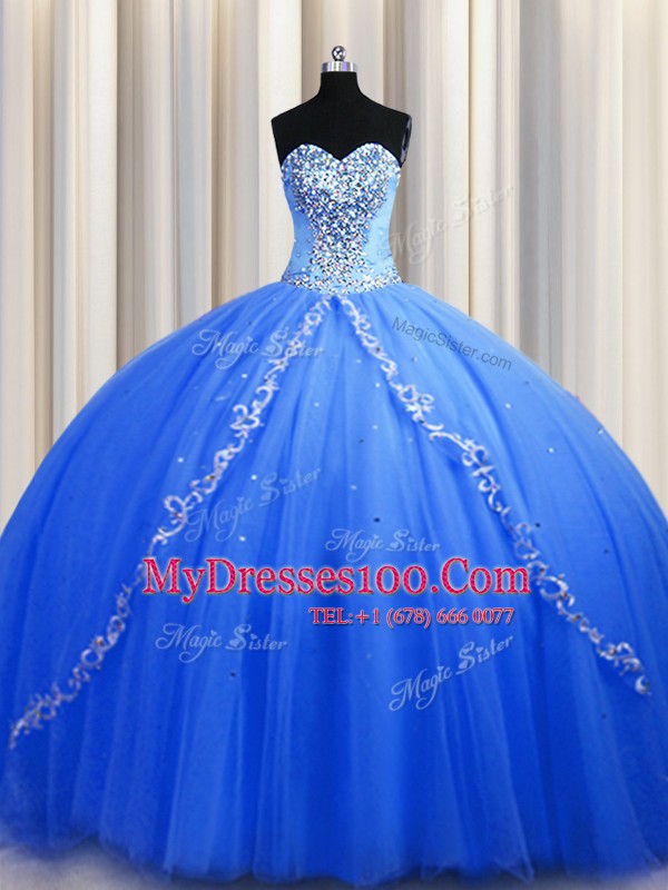 Blue Sleeveless Tulle Brush Train Lace Up Vestidos de Quinceanera for Military Ball and Sweet 16 and Quinceanera