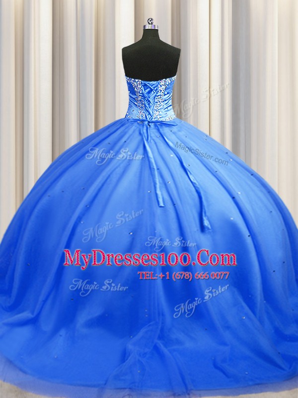 Blue Sleeveless Tulle Brush Train Lace Up Vestidos de Quinceanera for Military Ball and Sweet 16 and Quinceanera