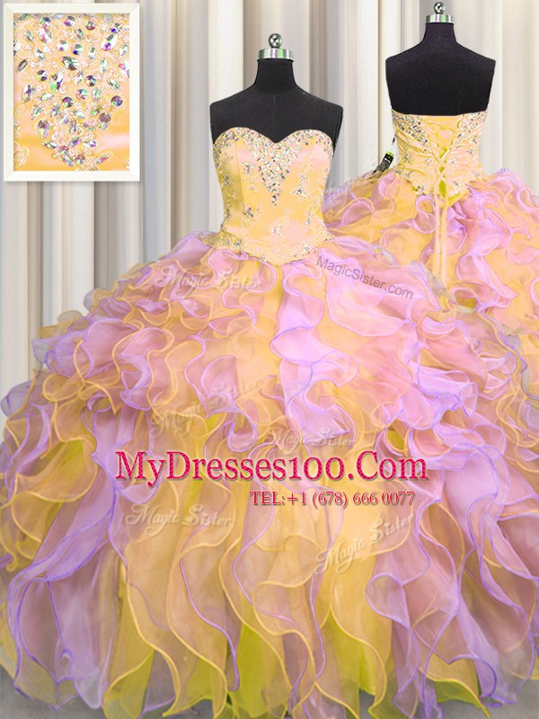 Beading and Appliques and Ruffles Ball Gown Prom Dress Multi-color Lace Up Sleeveless Floor Length