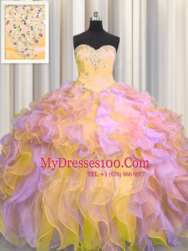 Beading and Appliques and Ruffles Ball Gown Prom Dress Multi-color Lace Up Sleeveless Floor Length
