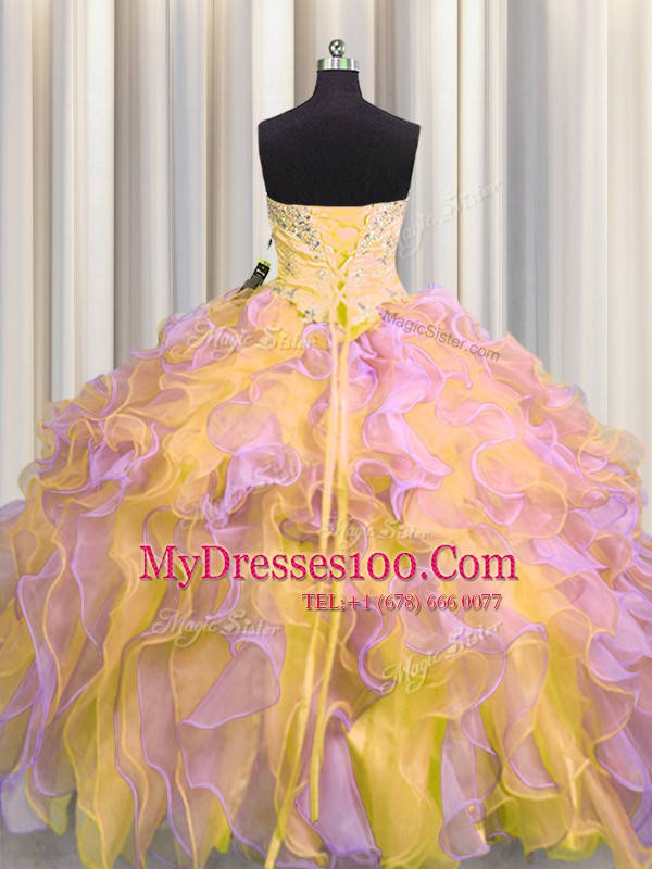 Beading and Appliques and Ruffles Ball Gown Prom Dress Multi-color Lace Up Sleeveless Floor Length