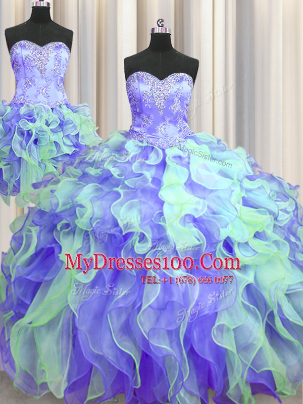 Unique Three Piece Sweetheart Sleeveless Lace Up Sweet 16 Dresses Multi-color Organza