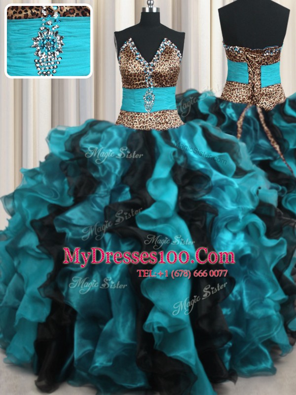 Leopard Two Tone Multi-color Organza Lace Up V-neck Sleeveless Floor Length Ball Gown Prom Dress Beading and Ruffles