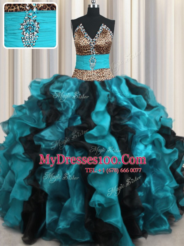 Leopard Two Tone Multi-color Organza Lace Up V-neck Sleeveless Floor Length Ball Gown Prom Dress Beading and Ruffles