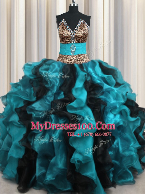 Leopard Two Tone Multi-color Organza Lace Up V-neck Sleeveless Floor Length Ball Gown Prom Dress Beading and Ruffles