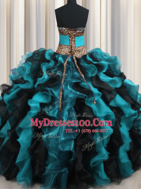 Leopard Two Tone Multi-color Organza Lace Up V-neck Sleeveless Floor Length Ball Gown Prom Dress Beading and Ruffles