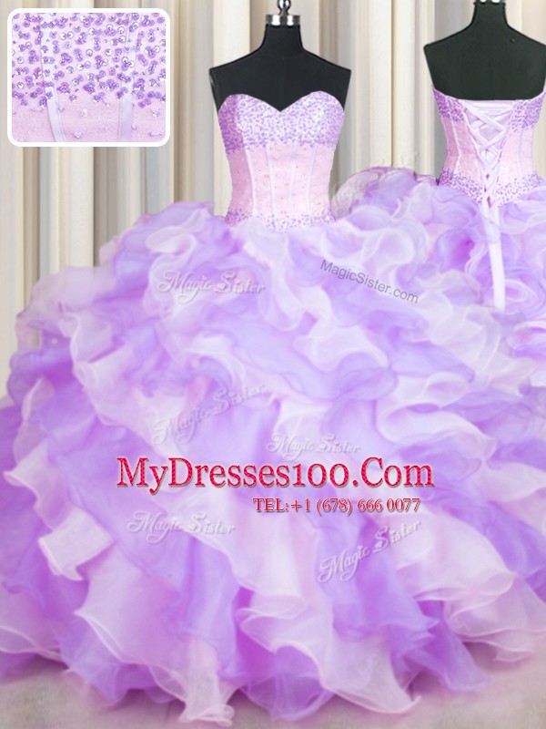 Two Tone Visible Boning Multi-color Sleeveless Organza Lace Up Sweet 16 Quinceanera Dress for Military Ball and Sweet 16 and Quinceanera
