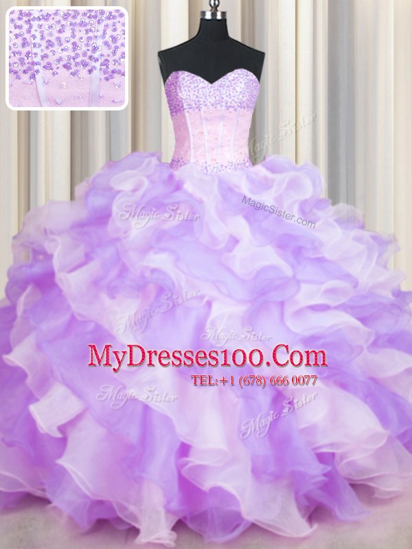 Two Tone Visible Boning Multi-color Sleeveless Organza Lace Up Sweet 16 Quinceanera Dress for Military Ball and Sweet 16 and Quinceanera