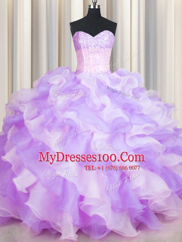 Two Tone Visible Boning Multi-color Sleeveless Organza Lace Up Sweet 16 Quinceanera Dress for Military Ball and Sweet 16 and Quinceanera
