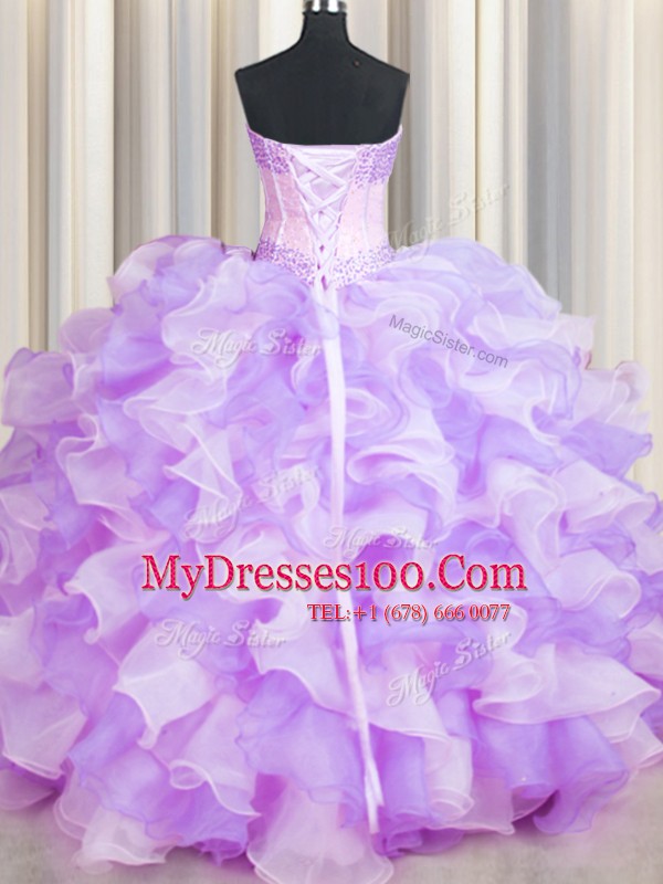 Two Tone Visible Boning Multi-color Sleeveless Organza Lace Up Sweet 16 Quinceanera Dress for Military Ball and Sweet 16 and Quinceanera