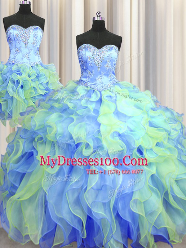 Attractive Three Piece Sleeveless Organza Floor Length Lace Up Quinceanera Gowns in Multi-color with Beading and Appliques and Ruffles