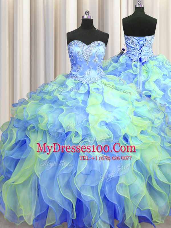 Attractive Three Piece Sleeveless Organza Floor Length Lace Up Quinceanera Gowns in Multi-color with Beading and Appliques and Ruffles