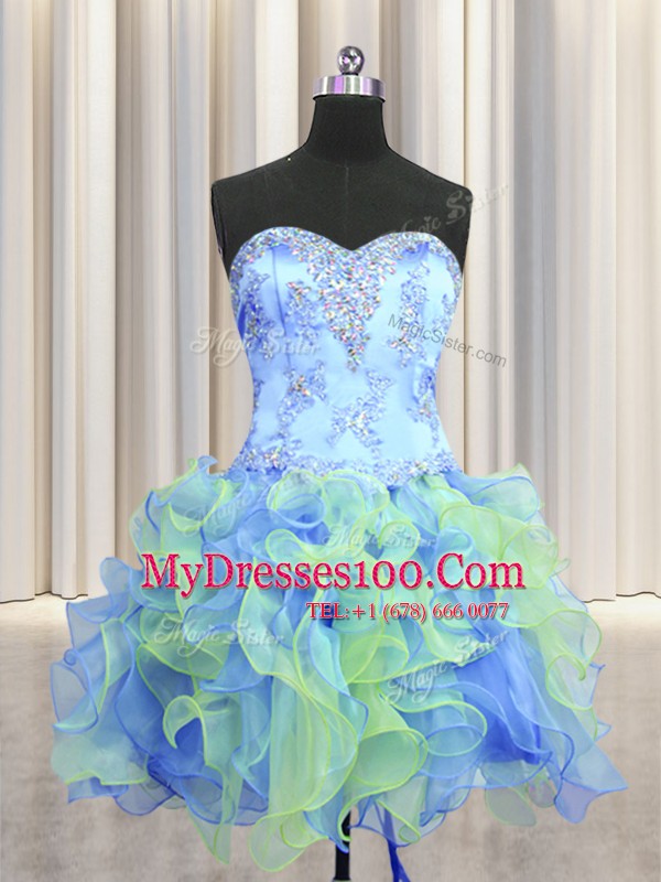 Attractive Three Piece Sleeveless Organza Floor Length Lace Up Quinceanera Gowns in Multi-color with Beading and Appliques and Ruffles