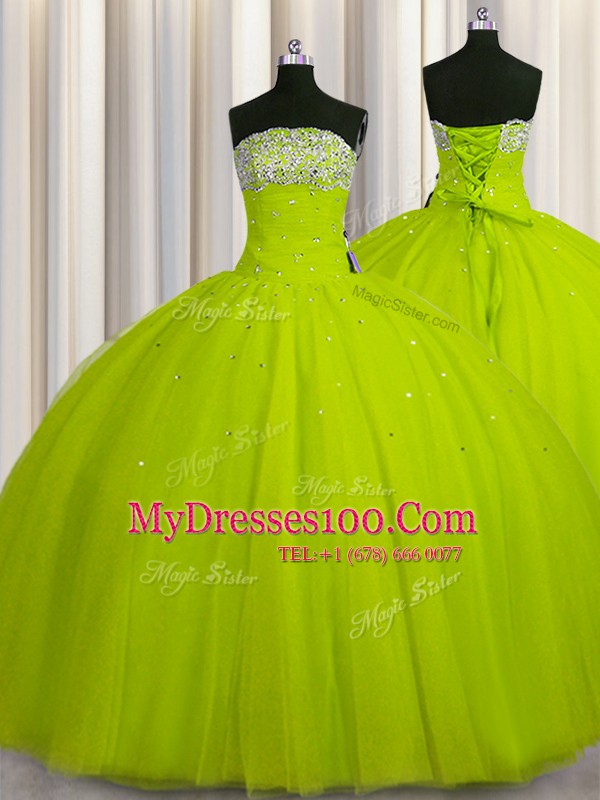 Big Puffy Yellow Green Strapless Lace Up Beading and Sequins Quinceanera Dress Sleeveless