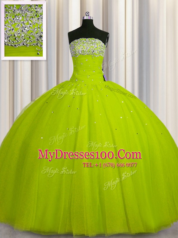 Big Puffy Yellow Green Strapless Lace Up Beading and Sequins Quinceanera Dress Sleeveless