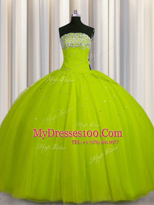 Big Puffy Yellow Green Strapless Lace Up Beading and Sequins Quinceanera Dress Sleeveless
