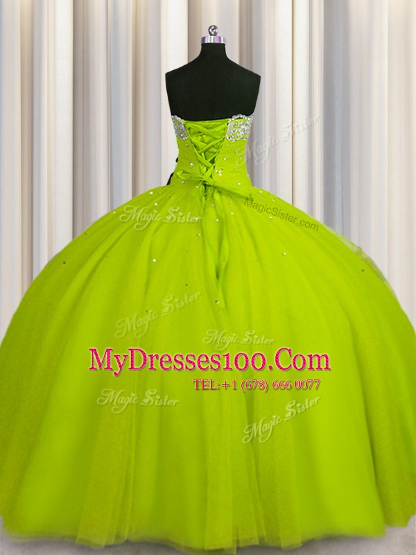 Big Puffy Yellow Green Strapless Lace Up Beading and Sequins Quinceanera Dress Sleeveless