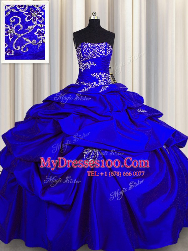 Floor Length Lace Up Quinceanera Dresses Royal Blue for Military Ball and Sweet 16 and Quinceanera with Appliques and Pick Ups