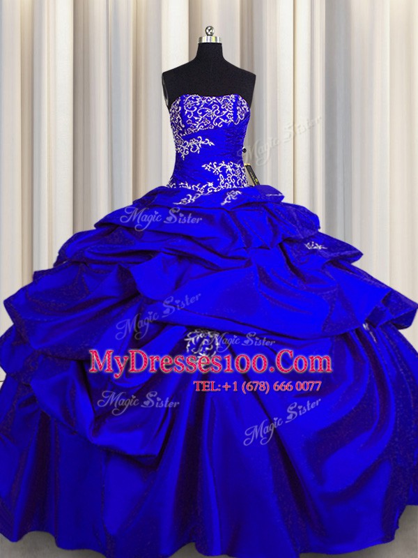 Floor Length Lace Up Quinceanera Dresses Royal Blue for Military Ball and Sweet 16 and Quinceanera with Appliques and Pick Ups