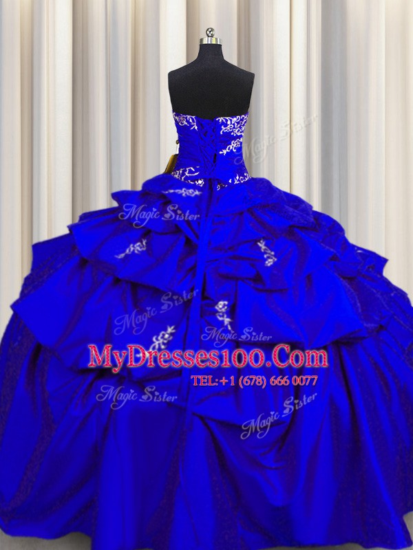 Floor Length Lace Up Quinceanera Dresses Royal Blue for Military Ball and Sweet 16 and Quinceanera with Appliques and Pick Ups