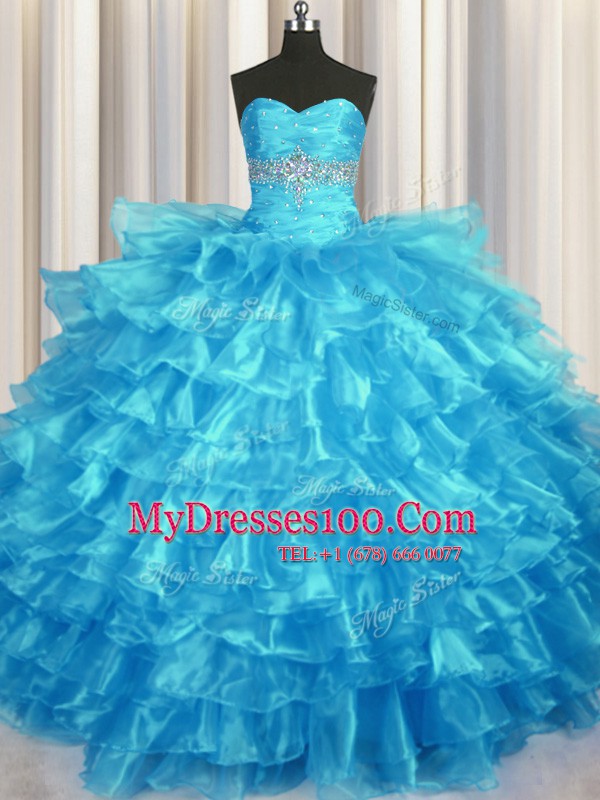 Dramatic Baby Blue Sleeveless Floor Length Beading and Ruffled Layers Lace Up Sweet 16 Quinceanera Dress