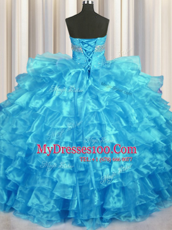 Dramatic Baby Blue Sleeveless Floor Length Beading and Ruffled Layers Lace Up Sweet 16 Quinceanera Dress