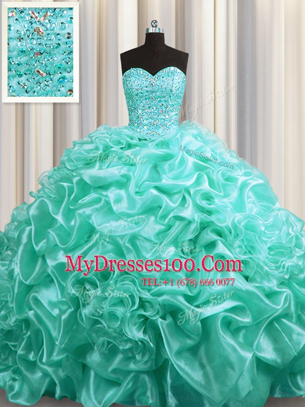 Custom Designed Pick Ups Court Train Ball Gowns Vestidos de Quinceanera Aqua Blue Sweetheart Organza Sleeveless With Train Lace Up