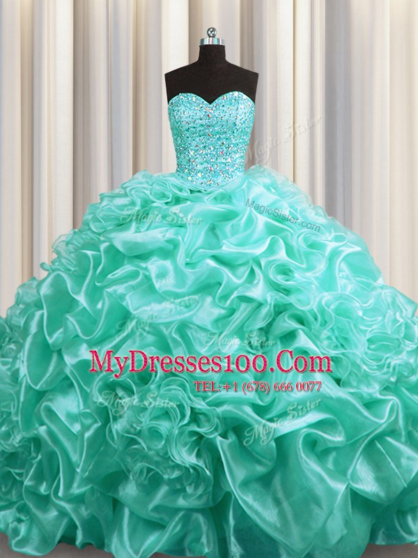 Custom Designed Pick Ups Court Train Ball Gowns Vestidos de Quinceanera Aqua Blue Sweetheart Organza Sleeveless With Train Lace Up