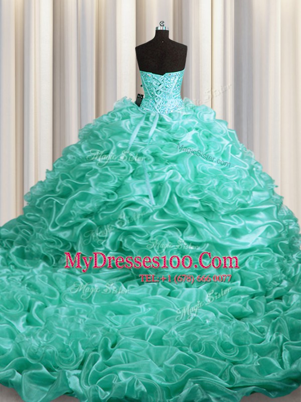 Custom Designed Pick Ups Court Train Ball Gowns Vestidos de Quinceanera Aqua Blue Sweetheart Organza Sleeveless With Train Lace Up