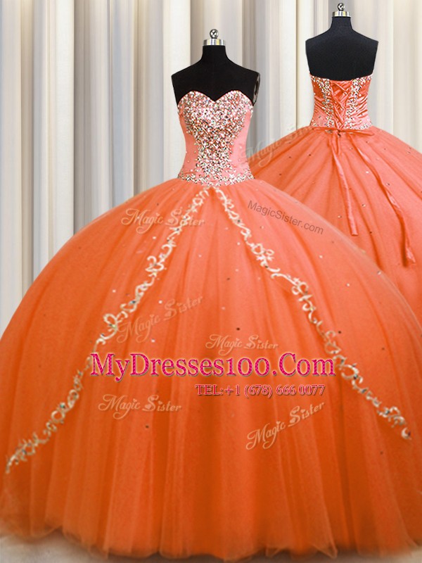 Pretty Orange Sleeveless Tulle Brush Train Lace Up Quinceanera Dresses for Military Ball and Sweet 16 and Quinceanera