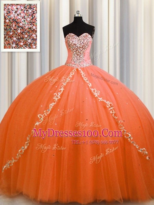 Pretty Orange Sleeveless Tulle Brush Train Lace Up Quinceanera Dresses for Military Ball and Sweet 16 and Quinceanera