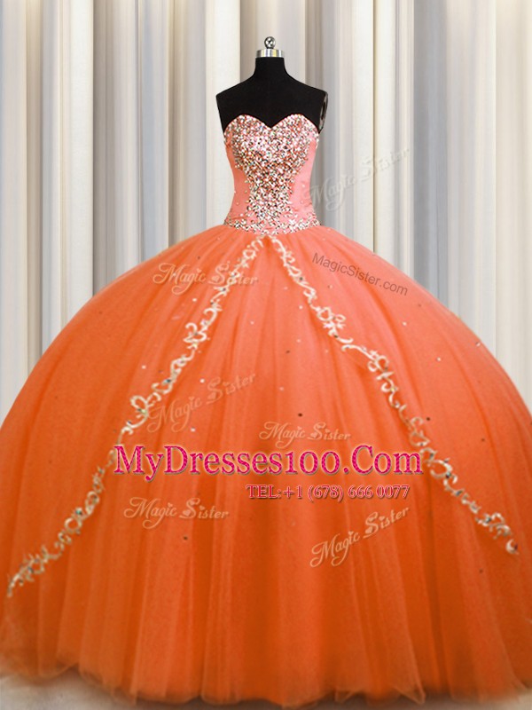 Pretty Orange Sleeveless Tulle Brush Train Lace Up Quinceanera Dresses for Military Ball and Sweet 16 and Quinceanera
