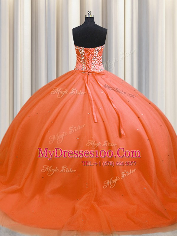 Pretty Orange Sleeveless Tulle Brush Train Lace Up Quinceanera Dresses for Military Ball and Sweet 16 and Quinceanera