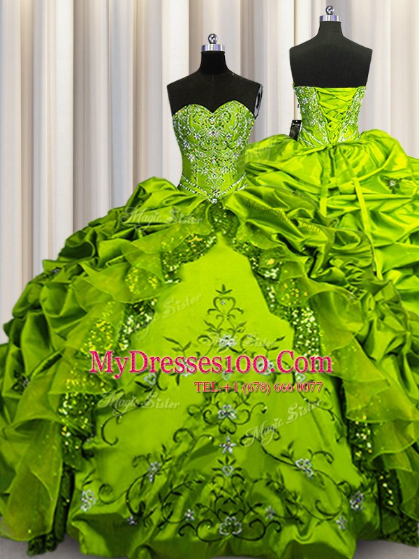 Olive Green Sleeveless Beading and Embroidery and Ruffles and Sequins and Pick Ups Floor Length Sweet 16 Dress