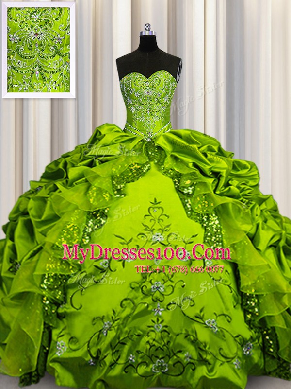 Olive Green Sleeveless Beading and Embroidery and Ruffles and Sequins and Pick Ups Floor Length Sweet 16 Dress