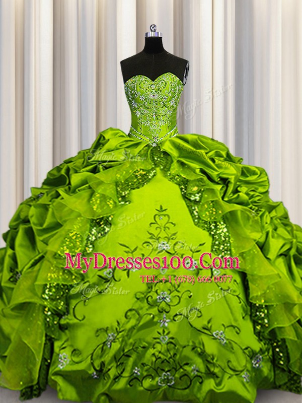 Olive Green Sleeveless Beading and Embroidery and Ruffles and Sequins and Pick Ups Floor Length Sweet 16 Dress