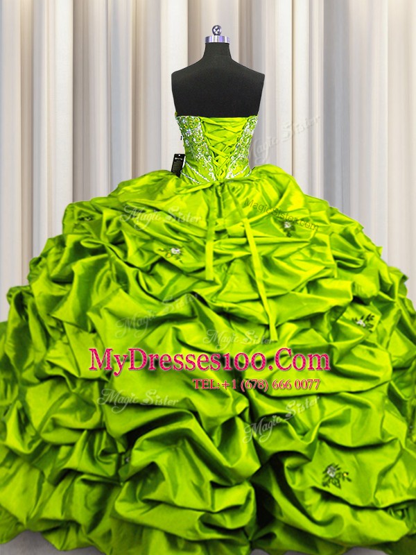 Olive Green Sleeveless Beading and Embroidery and Ruffles and Sequins and Pick Ups Floor Length Sweet 16 Dress