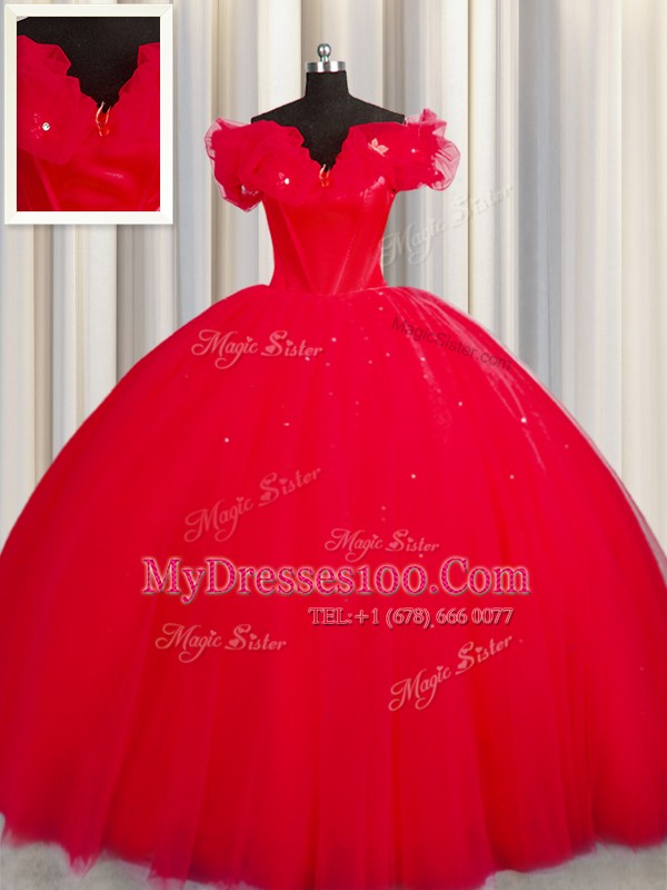 Inexpensive Off The Shoulder Red Short Sleeves Court Train Ruching With Train 15th Birthday Dress
