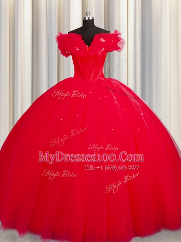 Inexpensive Off The Shoulder Red Short Sleeves Court Train Ruching With Train 15th Birthday Dress