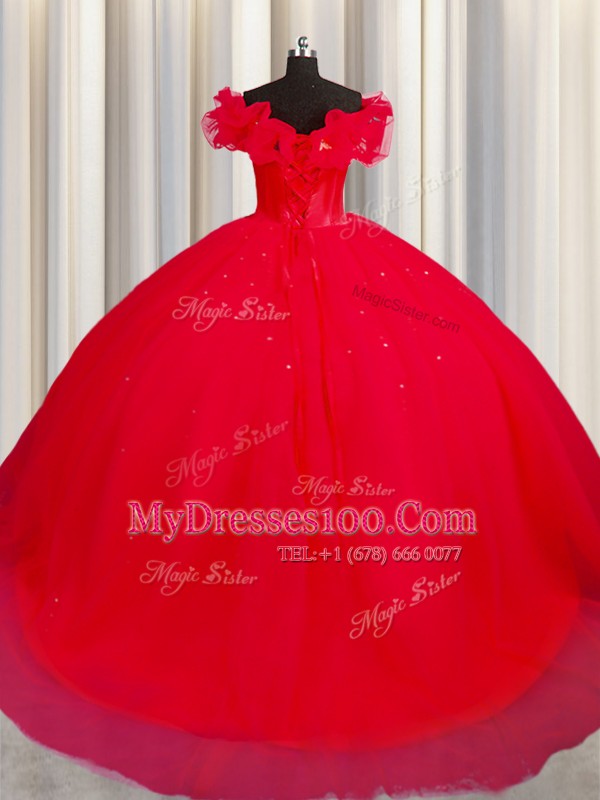 Inexpensive Off The Shoulder Red Short Sleeves Court Train Ruching With Train 15th Birthday Dress