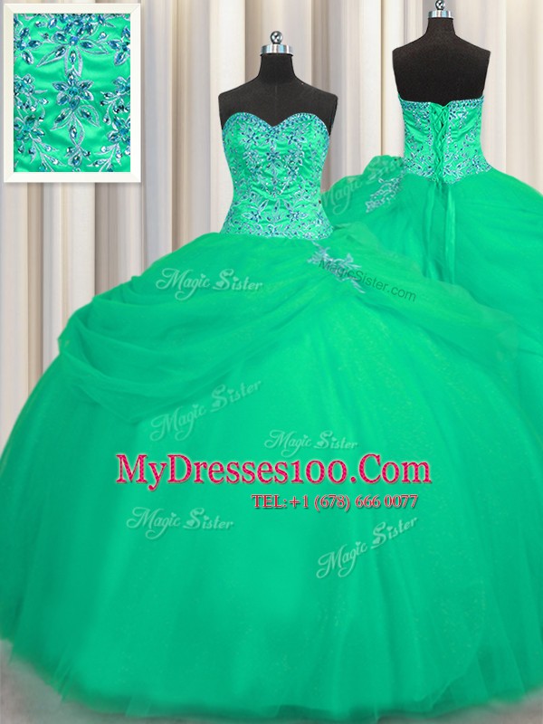 Chic Big Puffy Floor Length Ball Gowns Sleeveless Turquoise Quinceanera Dresses Lace Up