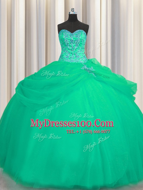 Chic Big Puffy Floor Length Ball Gowns Sleeveless Turquoise Quinceanera Dresses Lace Up