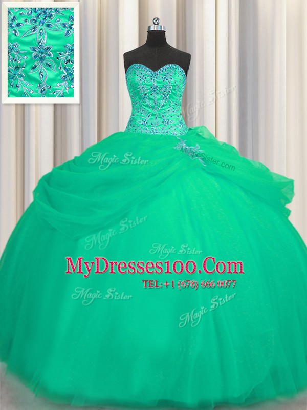 Chic Big Puffy Floor Length Ball Gowns Sleeveless Turquoise Quinceanera Dresses Lace Up
