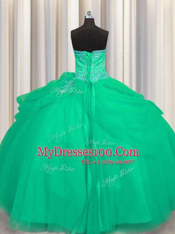 Chic Big Puffy Floor Length Ball Gowns Sleeveless Turquoise Quinceanera Dresses Lace Up