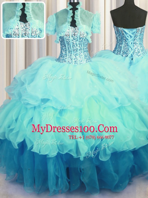 Visible Boning Bling-bling Multi-color Organza Lace Up Quinceanera Dresses Sleeveless Floor Length Beading and Ruffled Layers