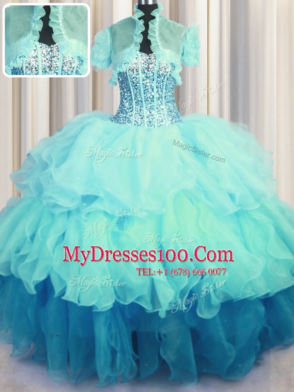 Visible Boning Bling-bling Multi-color Organza Lace Up Quinceanera Dresses Sleeveless Floor Length Beading and Ruffled Layers