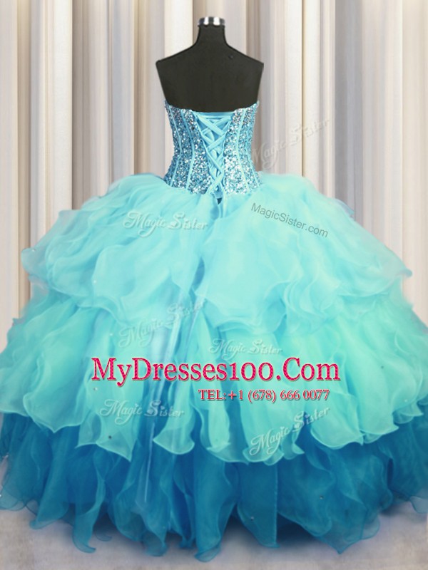 Visible Boning Bling-bling Multi-color Organza Lace Up Quinceanera Dresses Sleeveless Floor Length Beading and Ruffled Layers