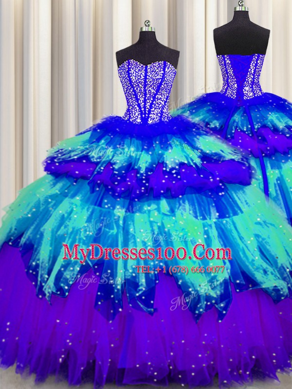 Bling-bling Visible Boning Sleeveless Lace Up Floor Length Beading and Ruffles and Ruffled Layers and Sequins Quinceanera Gowns