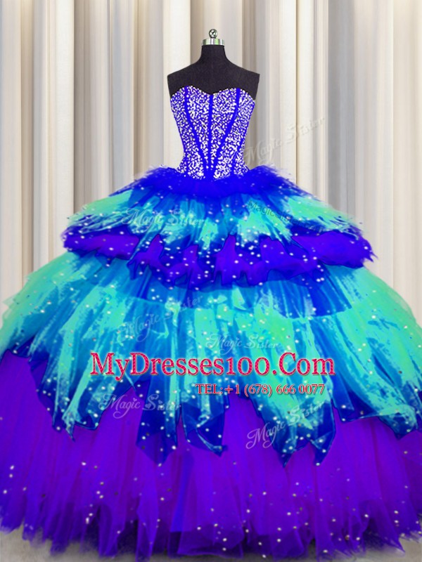 Bling-bling Visible Boning Sleeveless Lace Up Floor Length Beading and Ruffles and Ruffled Layers and Sequins Quinceanera Gowns